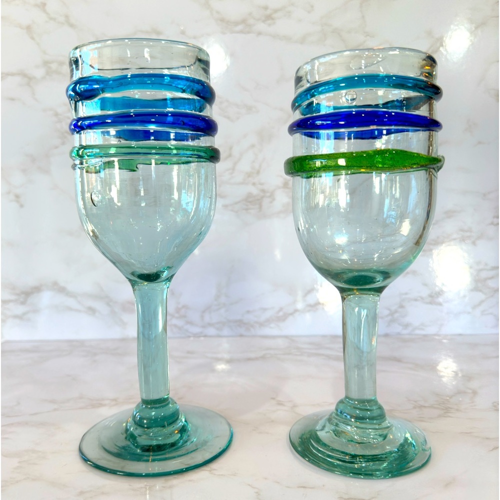 Pair of Pier 1 Retired Hand Blown Turquoise Cobalt Green Band Glass Goblets